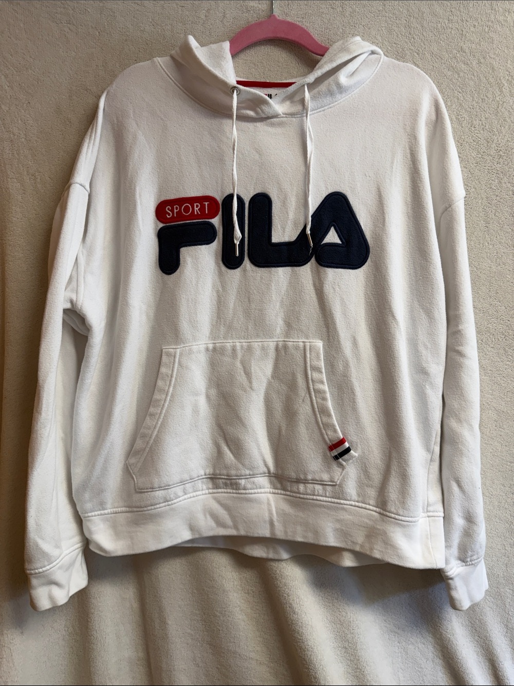 Fila Men’s White Crewneck Hoodie with Navy Logo and Red Accent